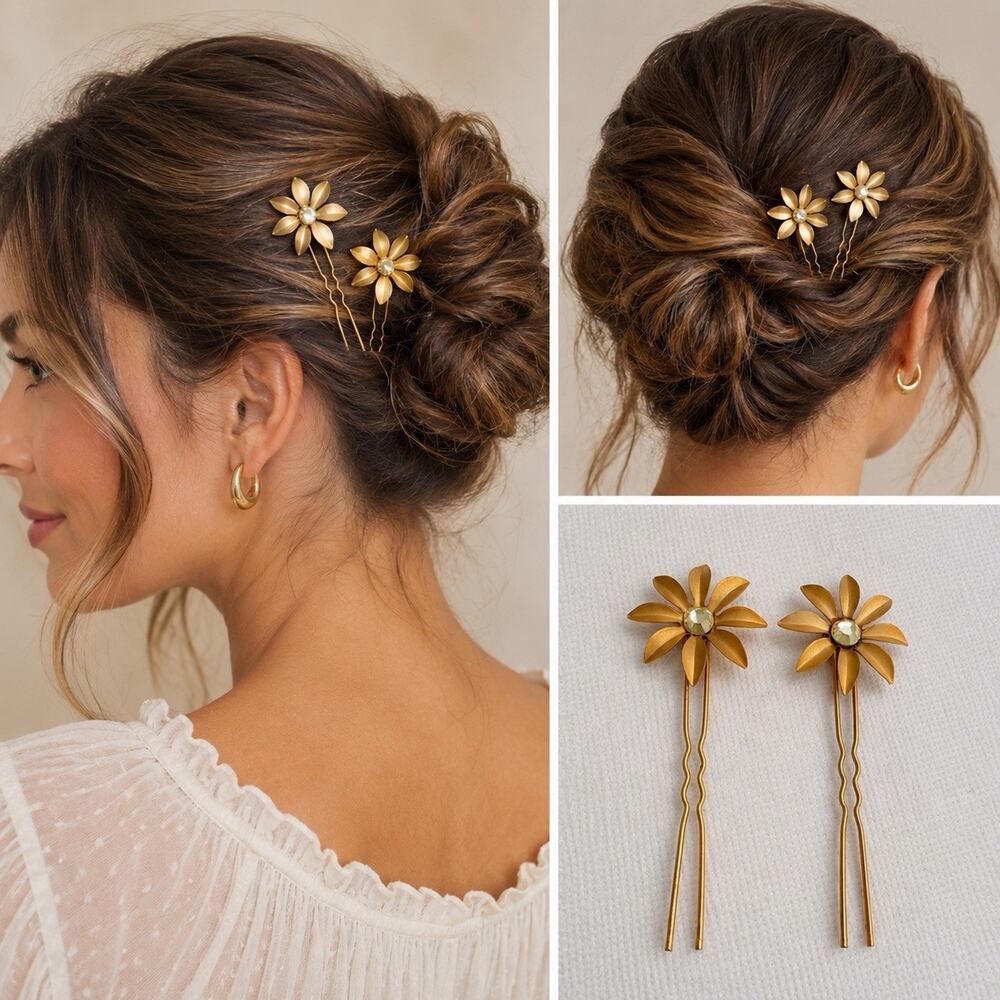 Colette Malouf Gold Tone Daisy Flower Hair Pins Pair Crystal Center Wedding Set